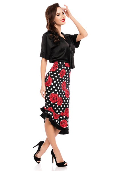PRE-ORDER Madison High Waist 50s Style Ruffle Skirt In Black-Spots-Red Roses