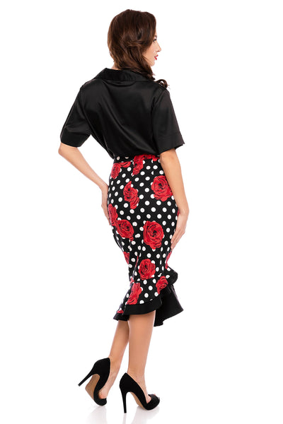 PRE-ORDER Madison High Waist 50s Style Ruffle Skirt In Black-Spots-Red Roses