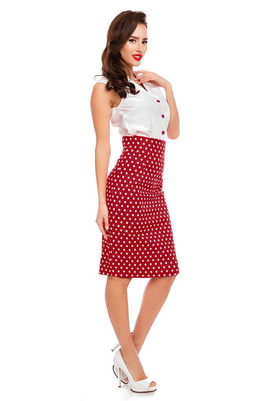 PRE-ORDER Falda Chic Vintage Inspired Pencil Skirt in Red Polka Print