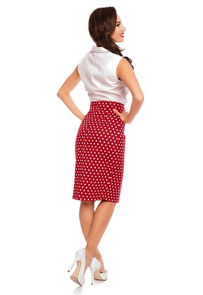 PRE-ORDER Falda Chic Vintage Inspired Pencil Skirt in Red Polka Print