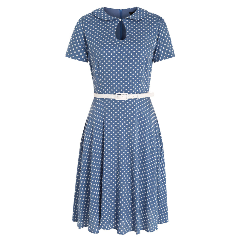 Evelyn Peter Pan Collar Keyhole Cutout Dress - Soft Blue & White Polka, Fully Lined