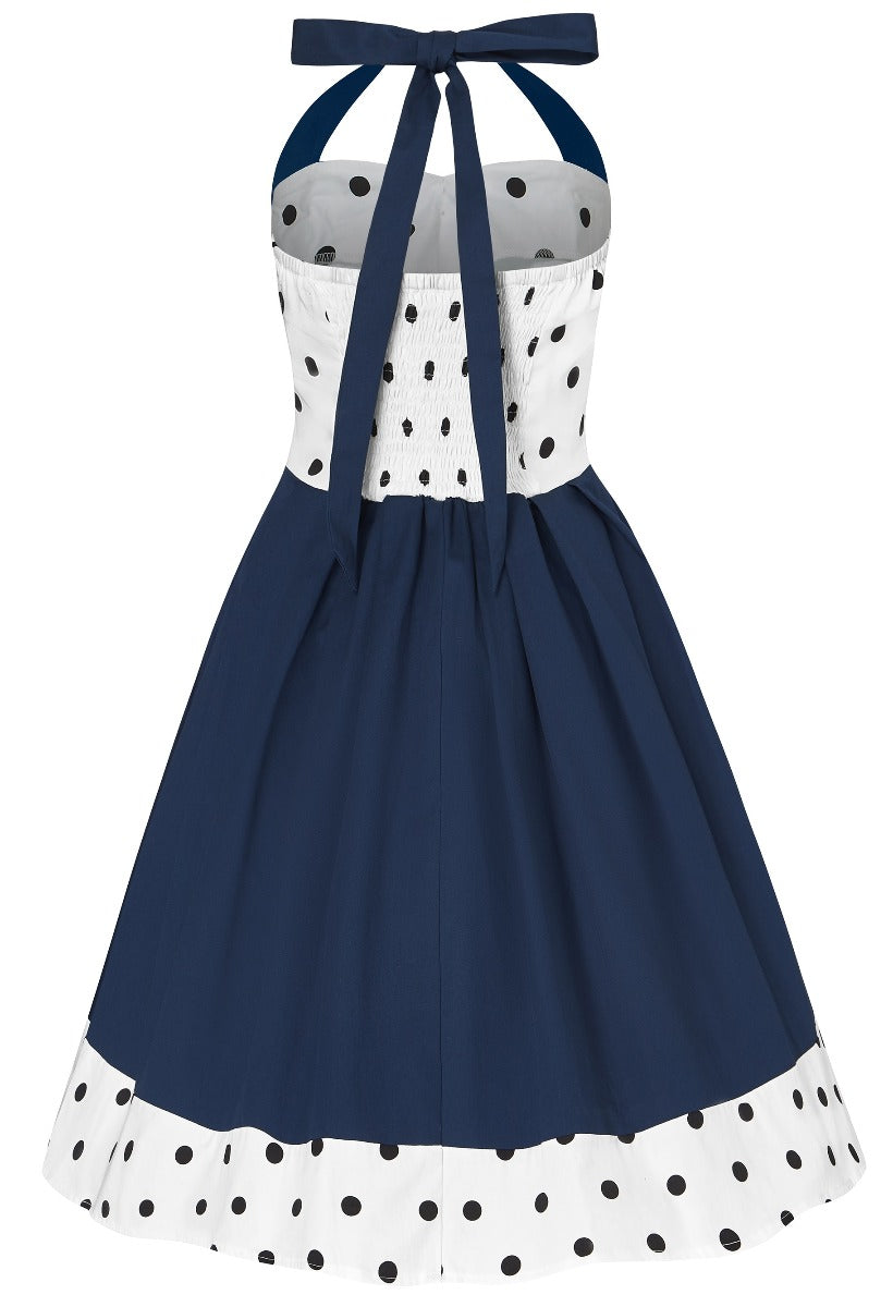 EU Stock-Sophia Rockabilly Halter Neck Swing Dress in Navy Blue & White Polka Dots