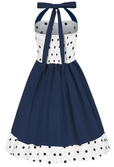 EU Stock-Sophia Rockabilly Halter Neck Swing Dress in Navy Blue & White Polka Dots