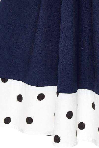 EU Stock-Sophia Rockabilly Halter Neck Swing Dress in Navy Blue & White Polka Dots
