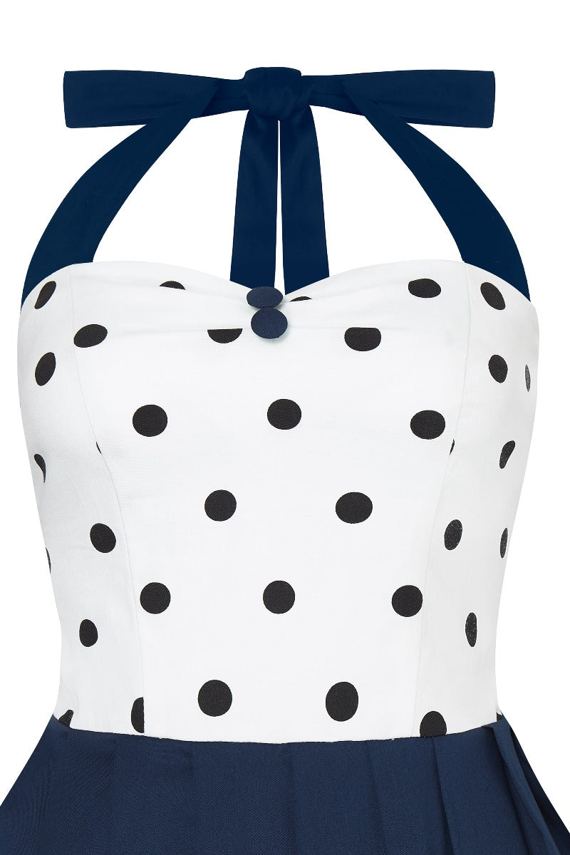 EU Stock-Sophia Rockabilly Halter Neck Swing Dress in Navy Blue & White Polka Dots