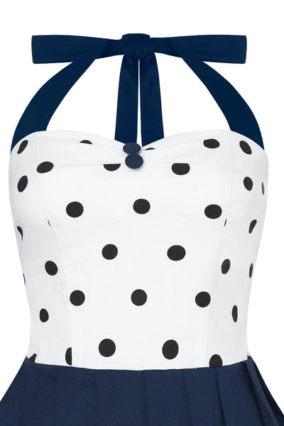 EU Stock-Sophia Rockabilly Halter Neck Swing Dress in Navy Blue & White Polka Dots