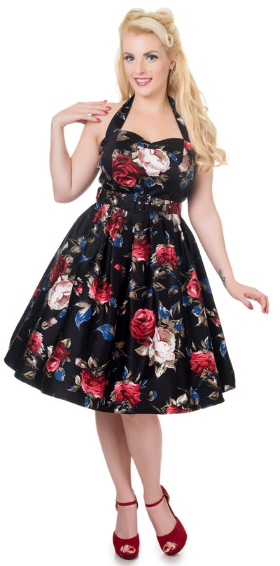 Cecilia Floral Halter Neck Swing Dress in Black