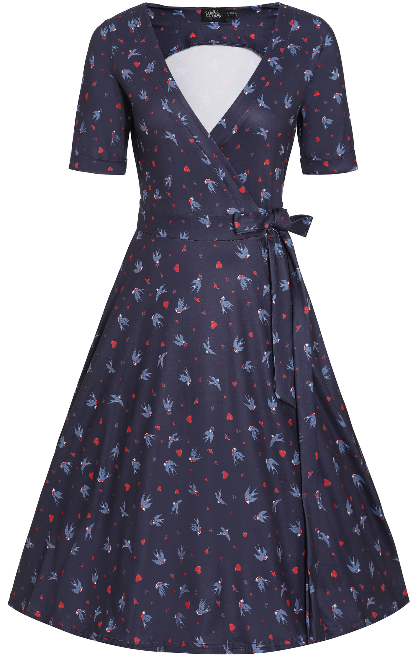 Matilda Navy Blue and Heart Swallow Knit Wrap Dress