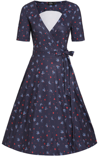 Matilda Navy Blue and Heart Swallow Knit Wrap Dress