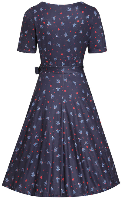 Matilda Navy Blue and Heart Swallow Knit Wrap Dress