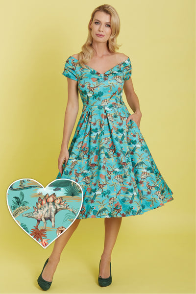 EU STOCK Lily Green Forest Dinosaur Off Shoulder Dress