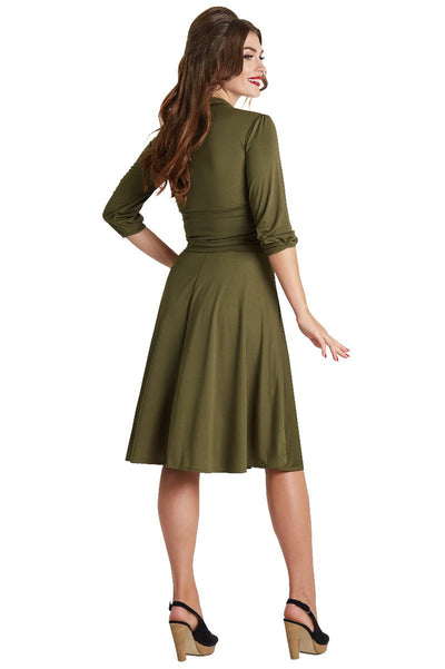 PRE ORDER Sandra Vintage Inspired Stretchy Olive Green Bow Tie Dress