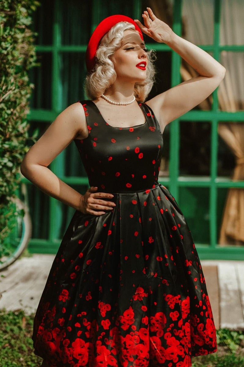 PRE ORDER Amanda Vintage Inspired Raising Poppy Flowers Print Satin Dress in Black & Red