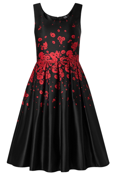 PRE ORDER Amanda Vintage Inspired Middle Poppy Print Dress in Black with Hidden Pockets & a Scoop Neckline