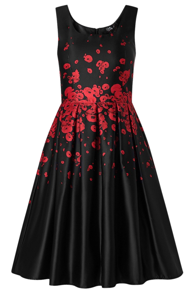PRE ORDER Amanda Vintage Inspired Middle Poppy Print Dress in Black with Hidden Pockets & a Scoop Neckline
