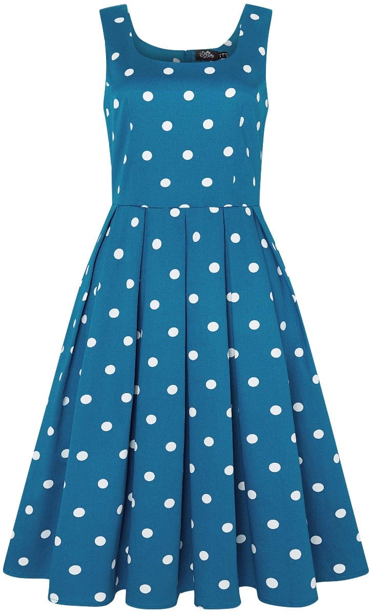 EU STOCK Amanda Scoop Neck Swing Dress Peacock Blue & White Polka Dots
