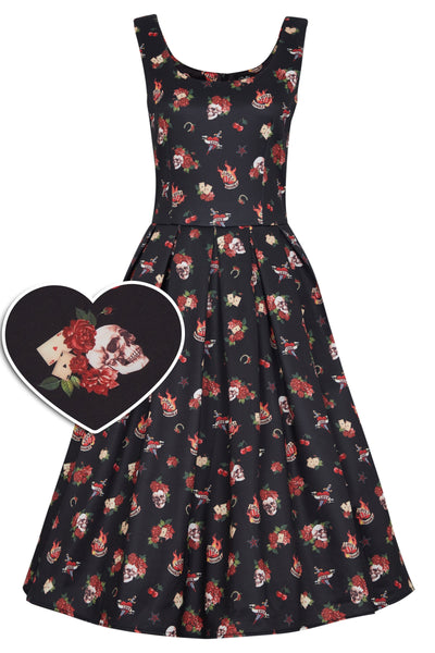 Amanda Rockabilly Skull & Rose Swing Dress