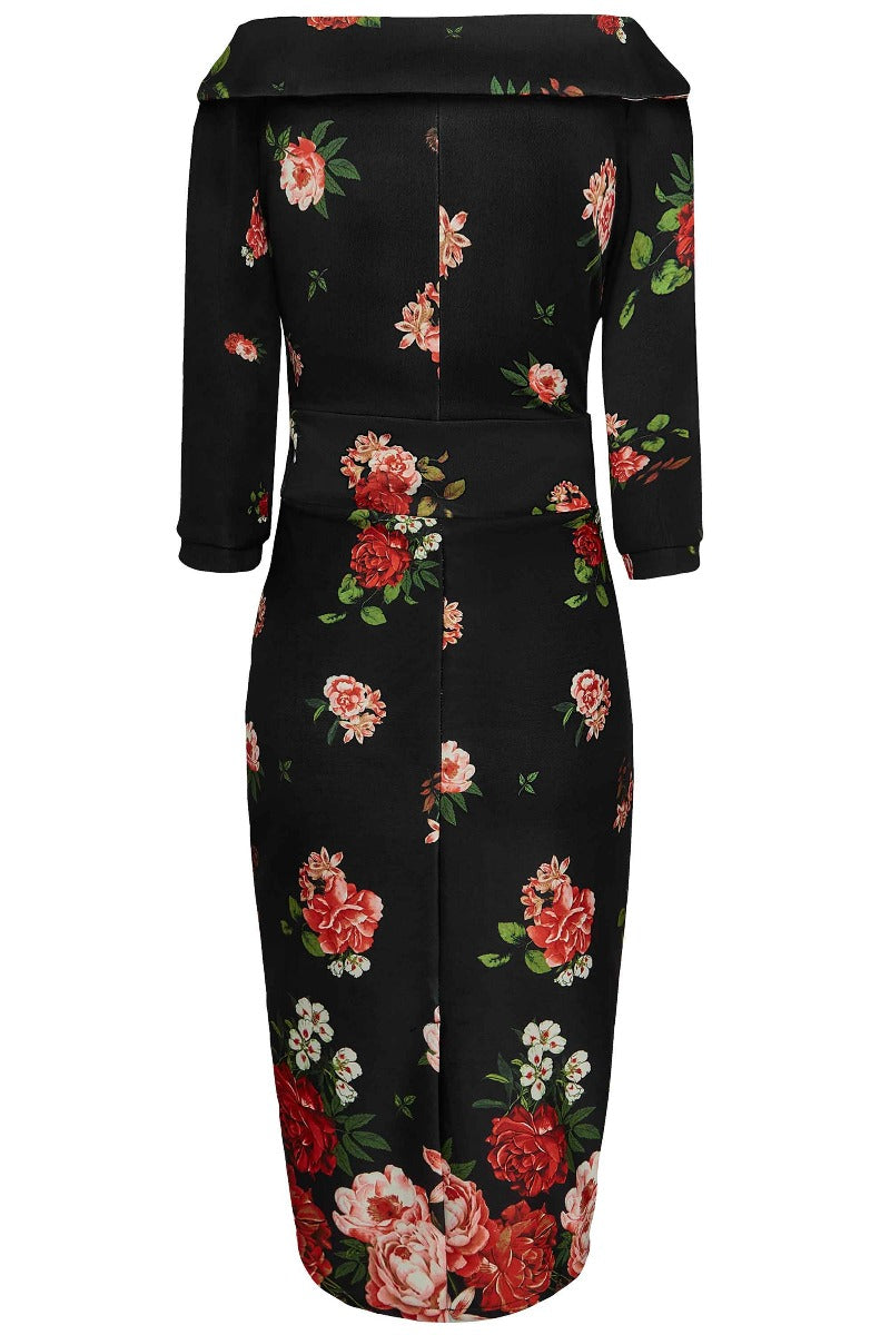 PRE ORDER Denise Vintage Inspired Wiggle Dress - Roses in Black
