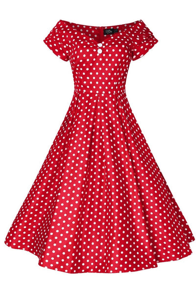 EU STOCK Lily Red Polka Off Shoulder Swing Dress