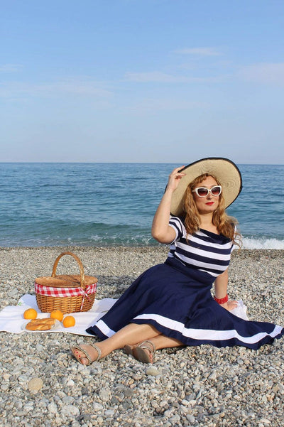 EU STOCK Darlene Mariner Striped Top Retro Swing Dress in Navy Blue White Stripes