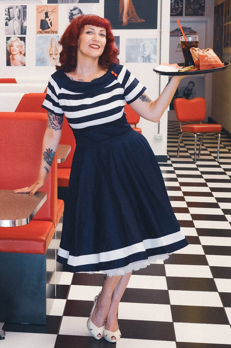 EU STOCK Darlene Mariner Striped Top Retro Swing Dress in Navy Blue White Stripes