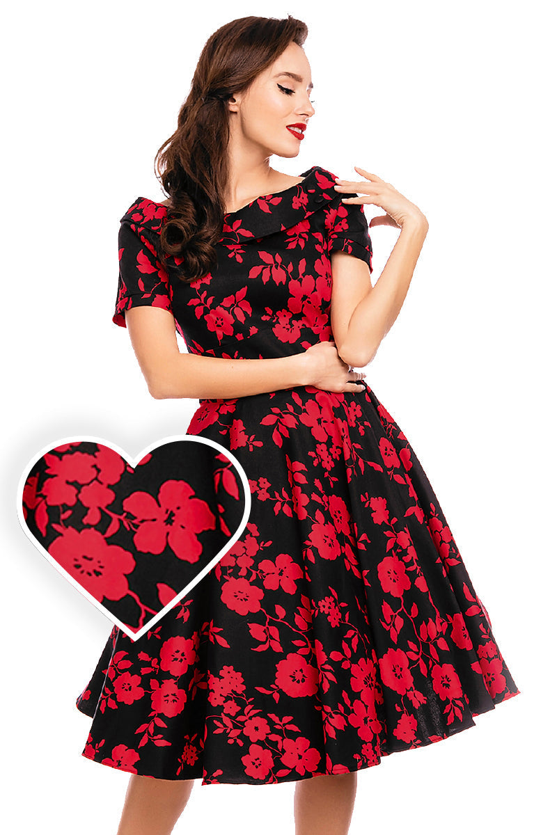 Women's Retro Floral Swing Dress in BlackRed