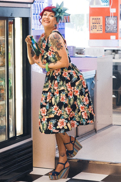PRE ORDER Annie Retro Floral Swing Dress in Black Orchid