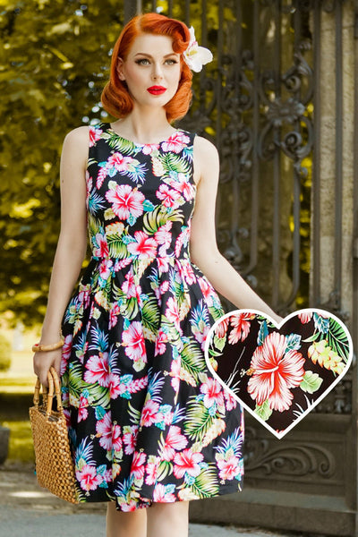 Women's Retro Orchid Floral Swing Dress in Black
