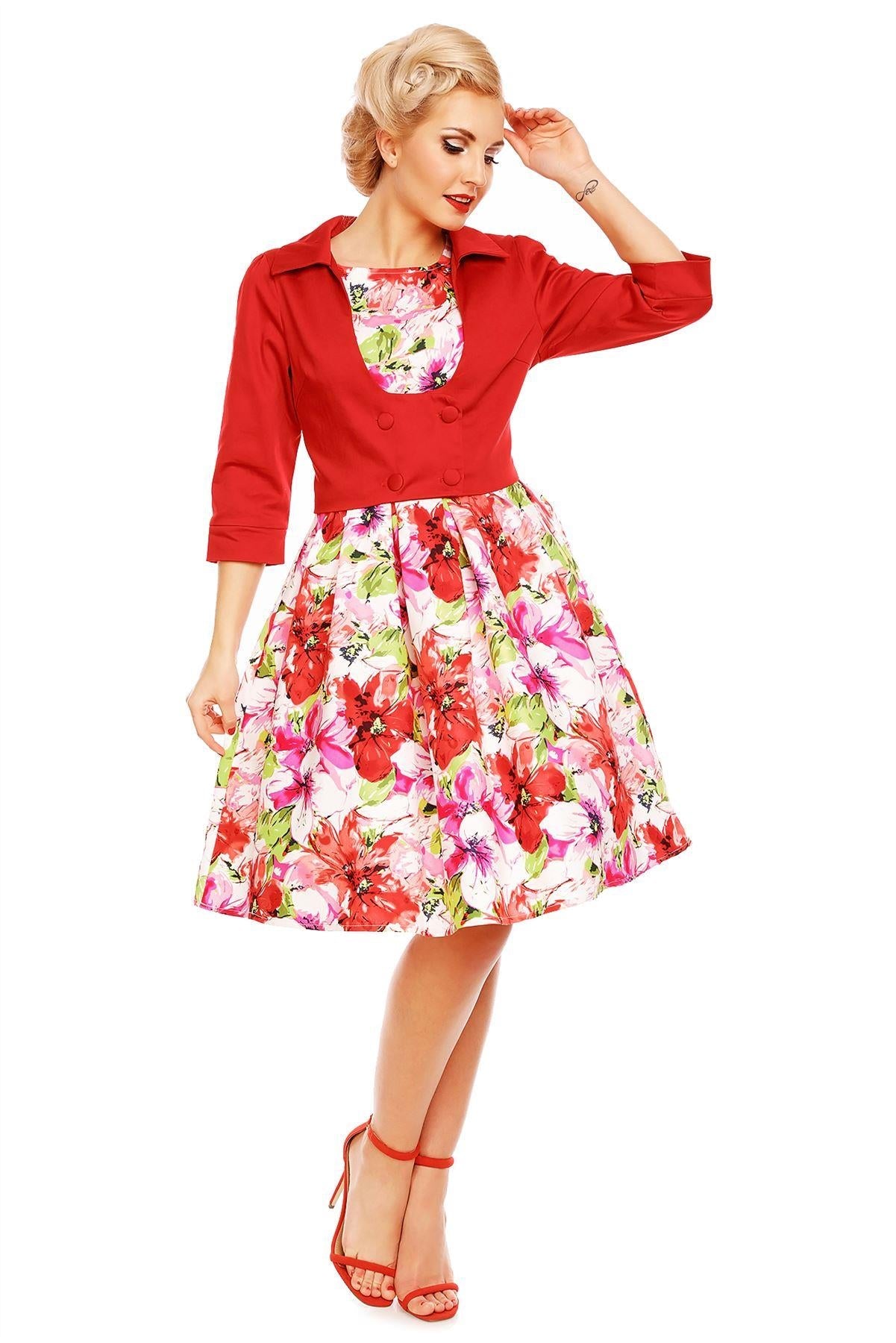 Vanessa Classic Floral Swing Dress in White-Pink