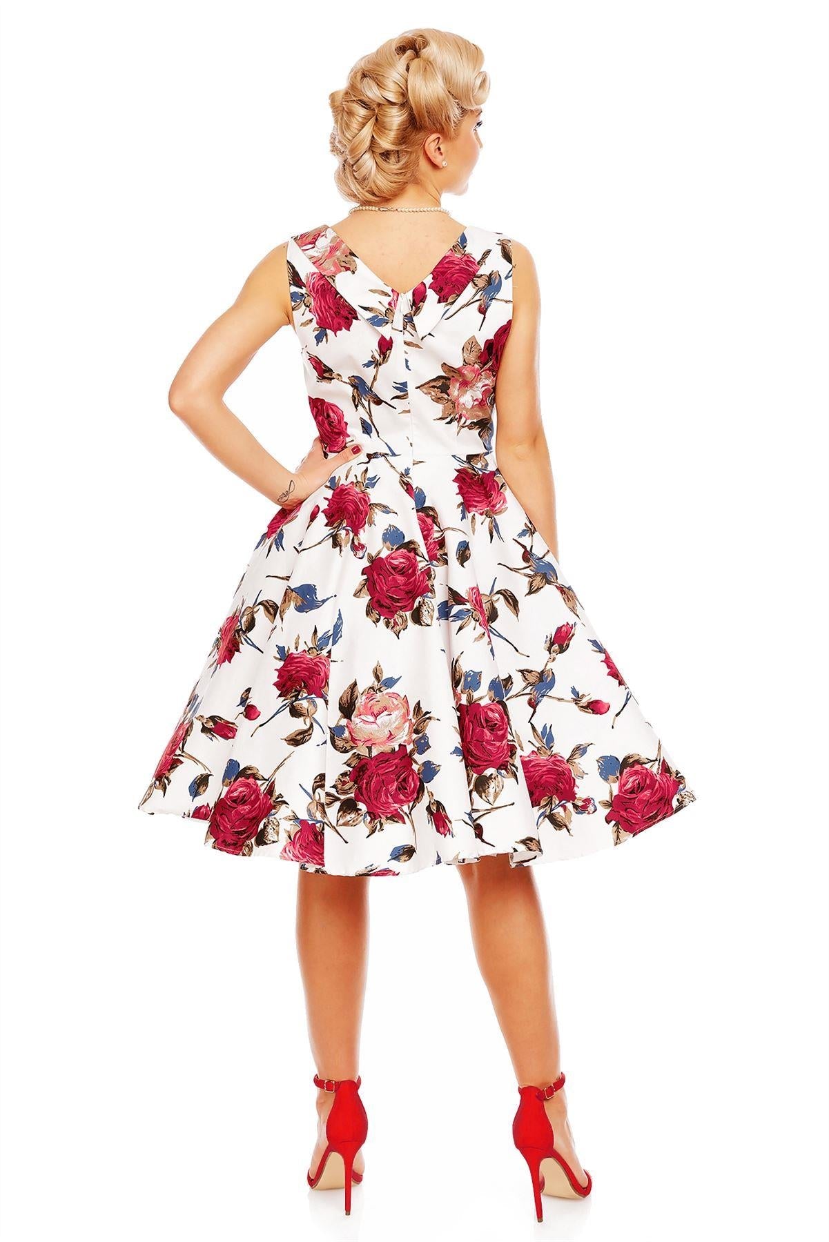 Grace Vintage Style Jive Floral Dress in White-Burgundy