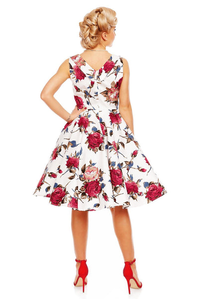 Grace Vintage Style Jive Floral Dress in White-Burgundy