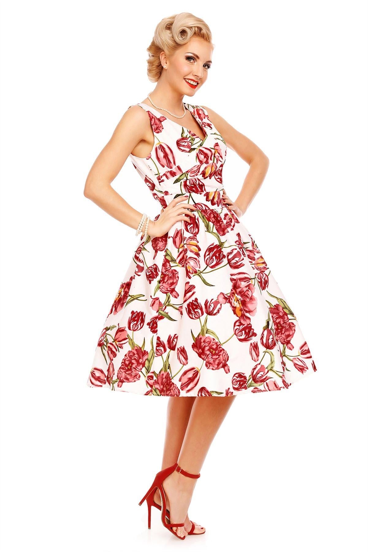 May V-neck 50s Style Floral Dress in White-Pink Tulip