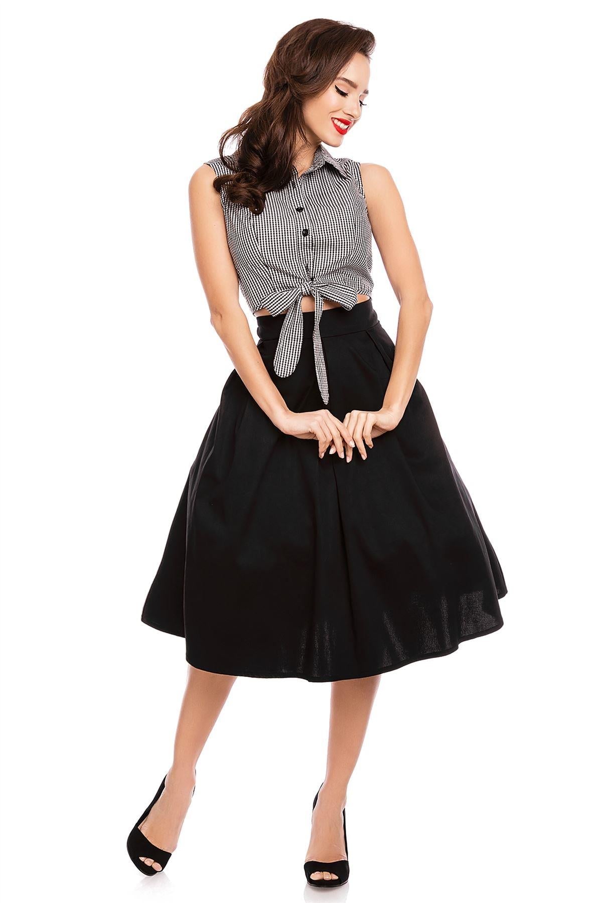 Clementine Checked Cropped Tie Button Top in Black-White