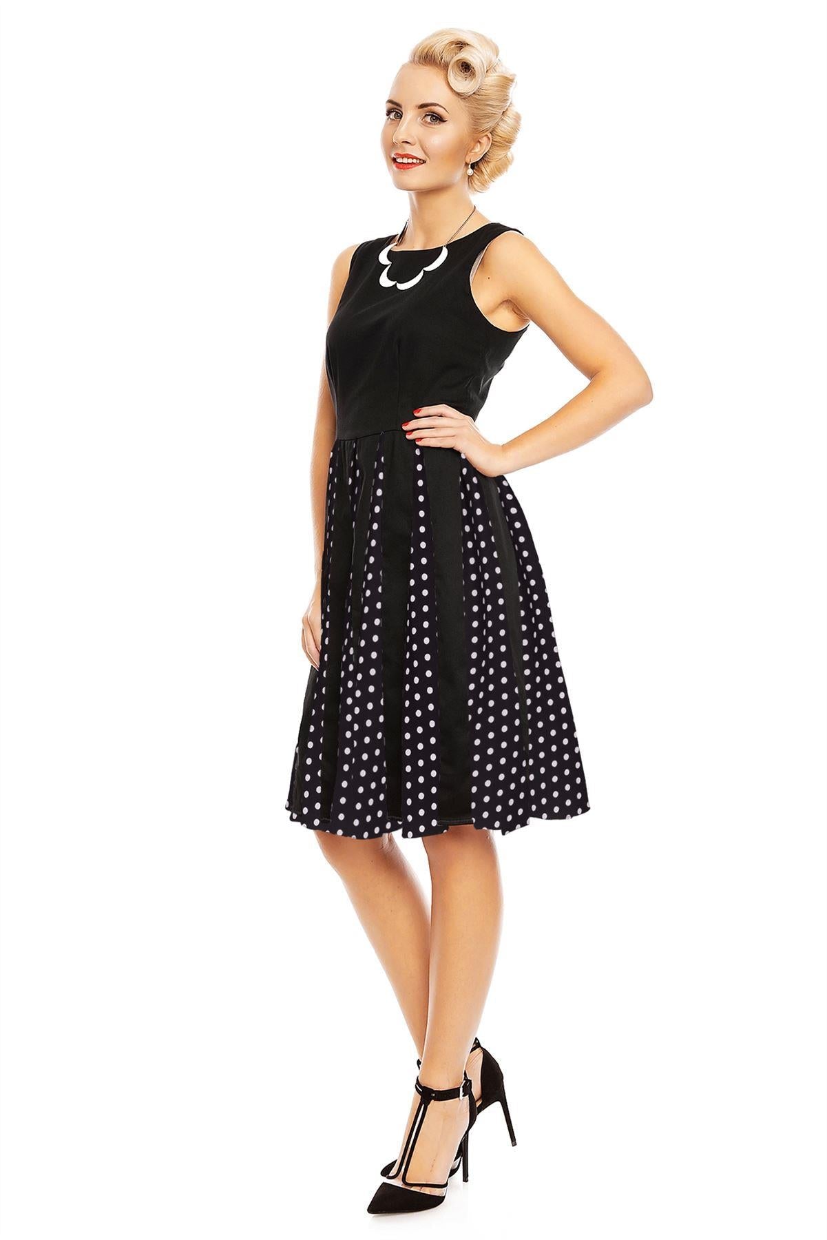 Judith Cotton Retro Pleated Dress in Black Polka Dots