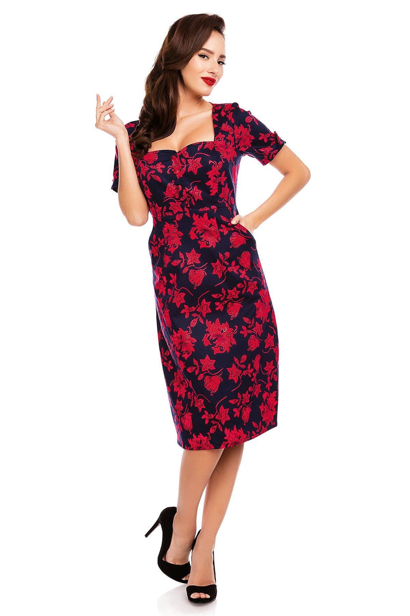 Daisy Floral Sleeve Pocket Pencil Dress in Navy-Red