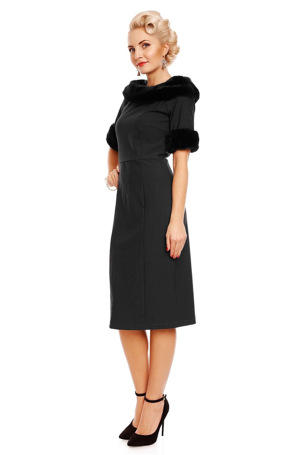 Venus Van Chic - Valerie Faux Fur Fitted Dress in Black