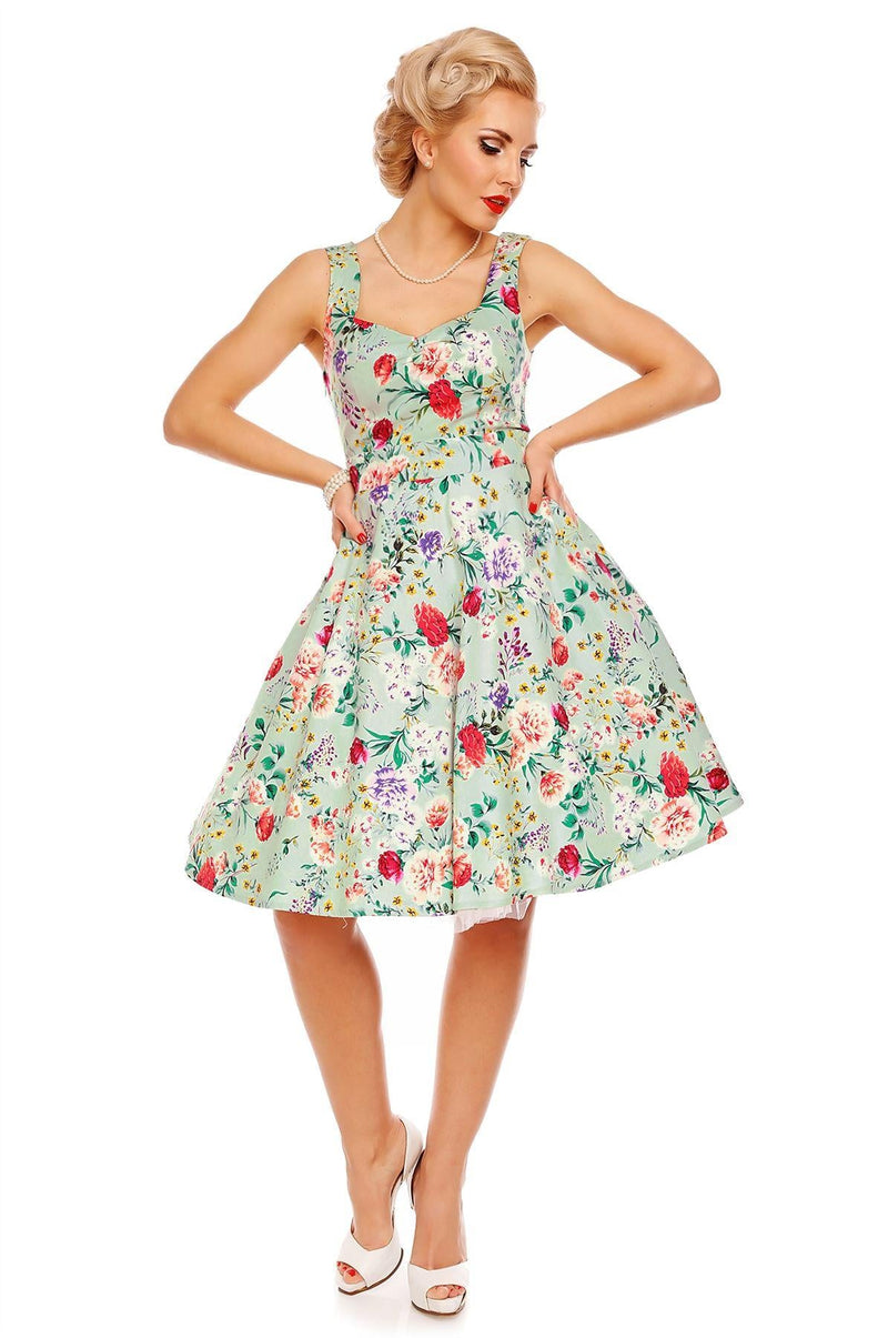 Natalie Retro Floral Swing Dress in Green Floral
