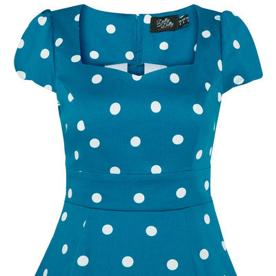 Claudia Fifties Style Flared Polka Dot Dress Peacock Blue-White