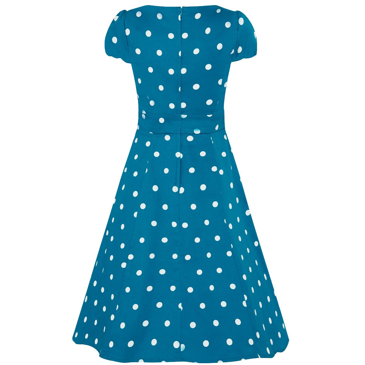 Claudia Fifties Style Flared Polka Dot Dress Peacock Blue-White