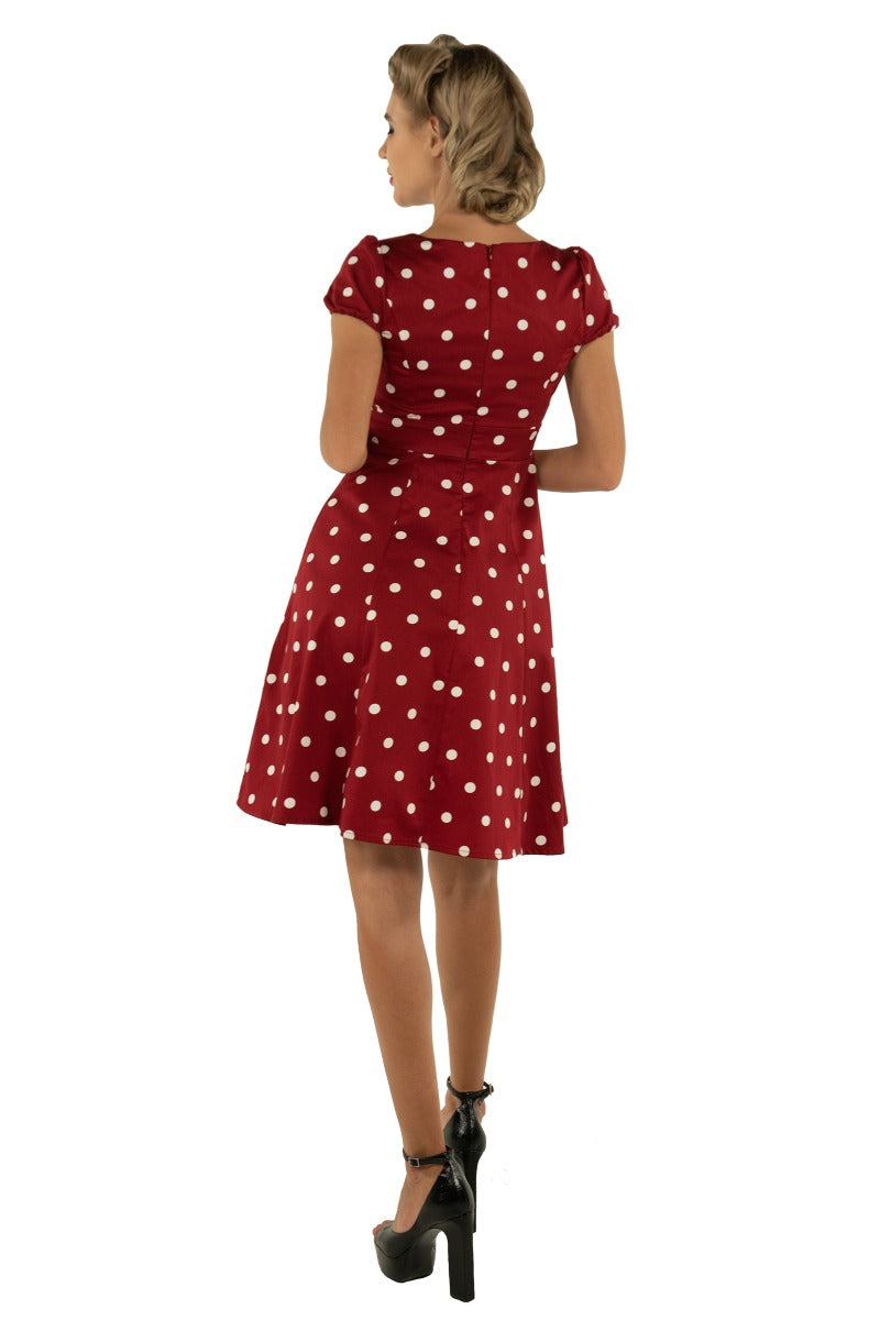 EU STOCK Claudia Flirty Fifties Style Polka Dot Dress In Burgundy/White