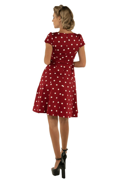 EU STOCK Claudia Flirty Fifties Style Polka Dot Dress In Burgundy/White