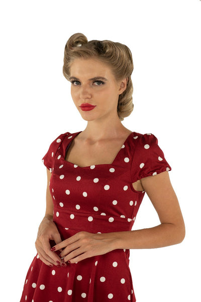 EU STOCK Claudia Flirty Fifties Style Polka Dot Dress In Burgundy/White