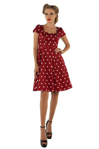 EU STOCK Claudia Flirty Fifties Style Polka Dot Dress In Burgundy/White