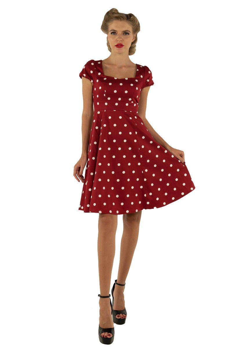 EU STOCK Claudia Flirty Fifties Style Polka Dot Dress In Burgundy/White