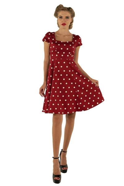 EU STOCK Claudia Flirty Fifties Style Polka Dot Dress In Burgundy/White