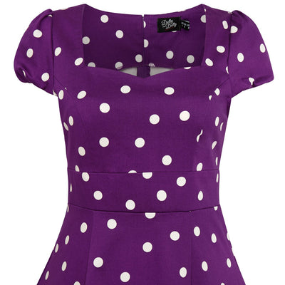 Claudia Flirty Fifties Style Polka Dot Dress In Purple-White