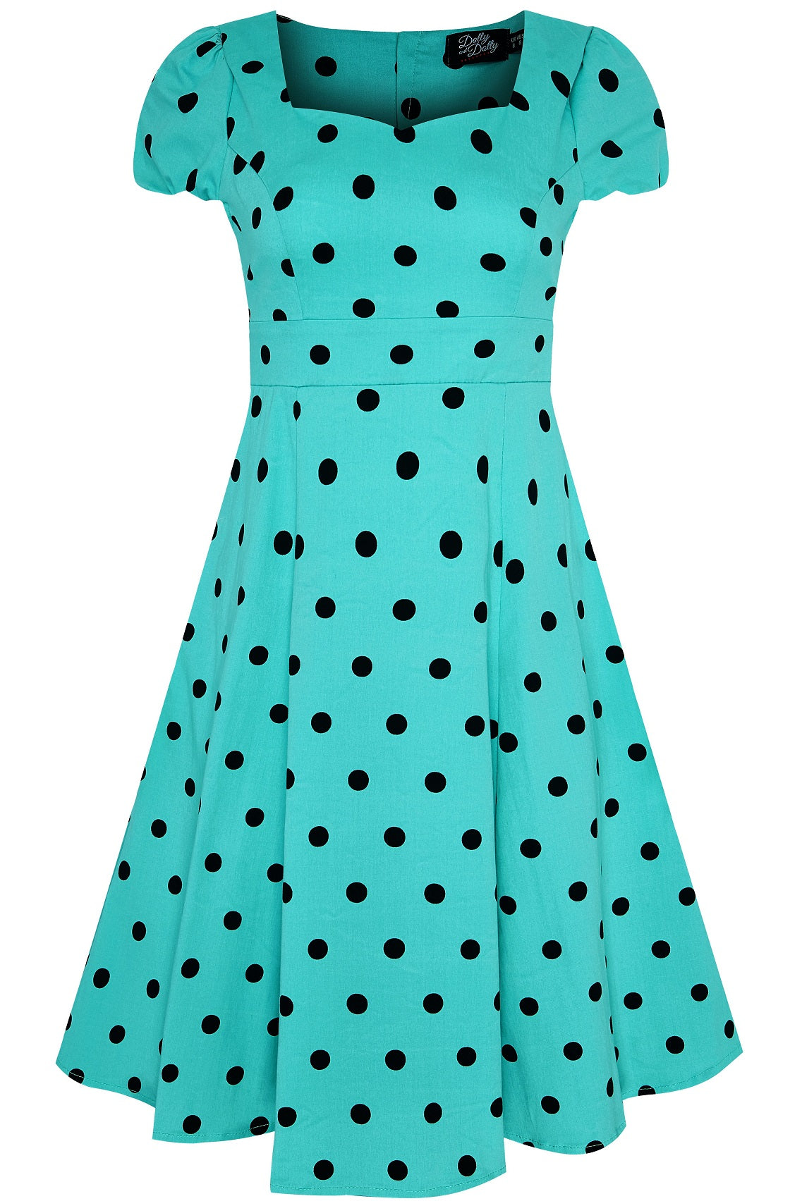 Claudia Flirty Fifties Style Polka Dot Dress In Bright Turquoise/Black