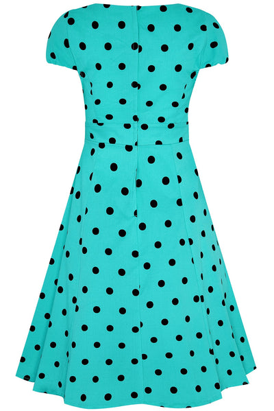 Claudia Flirty Fifties Style Polka Dot Dress In Bright Turquoise/Black