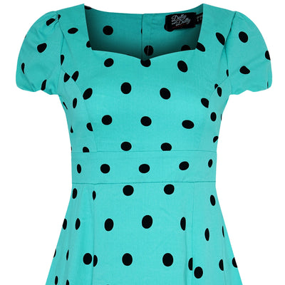 Claudia Flirty Fifties Style Polka Dot Dress In Bright Turquoise/Black