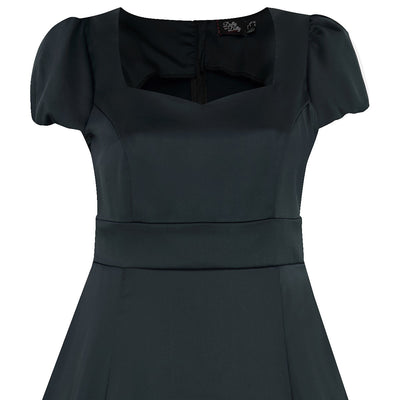 Claudia Flirty Fifties Style Premium Satin Dress In Plain Black